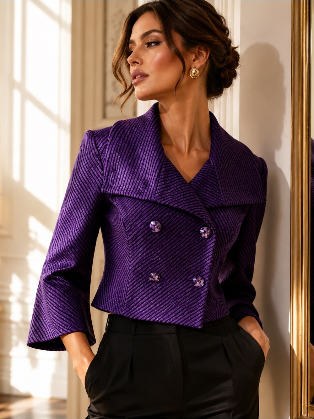 Joseph Ribkoff Purple Jacquard Cropped Blazer 90s Double Breasted Sz 4